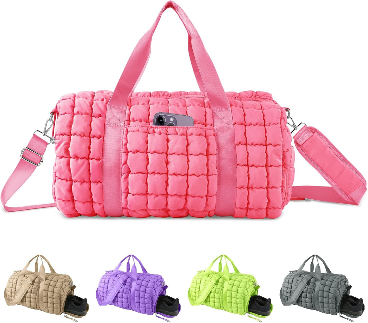Quilted Travel Duffle Bag Gym Bag for Women,Large Puffer Duffle Weekender Bag with Compartment,Workout Overnight Carry on Organizer Bag Duffle Bag for Airplane Travel(Purple)