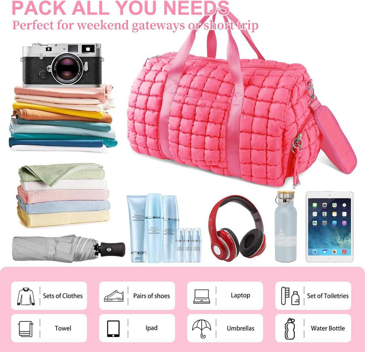 Quilted Travel Duffle Bag Gym Bag for Women,Large Puffer Duffle Weekender Bag with Compartment,Workout Overnight Carry on Organizer Bag Duffle Bag for Airplane Travel(Purple)