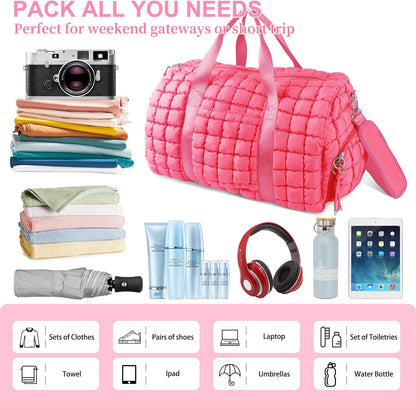 Quilted Travel Duffle Bag Gym Bag for Women,Large Puffer Duffle Weekender Bag with Compartment,Workout Overnight Carry on Organizer Bag Duffle Bag for Airplane Travel(Purple)
