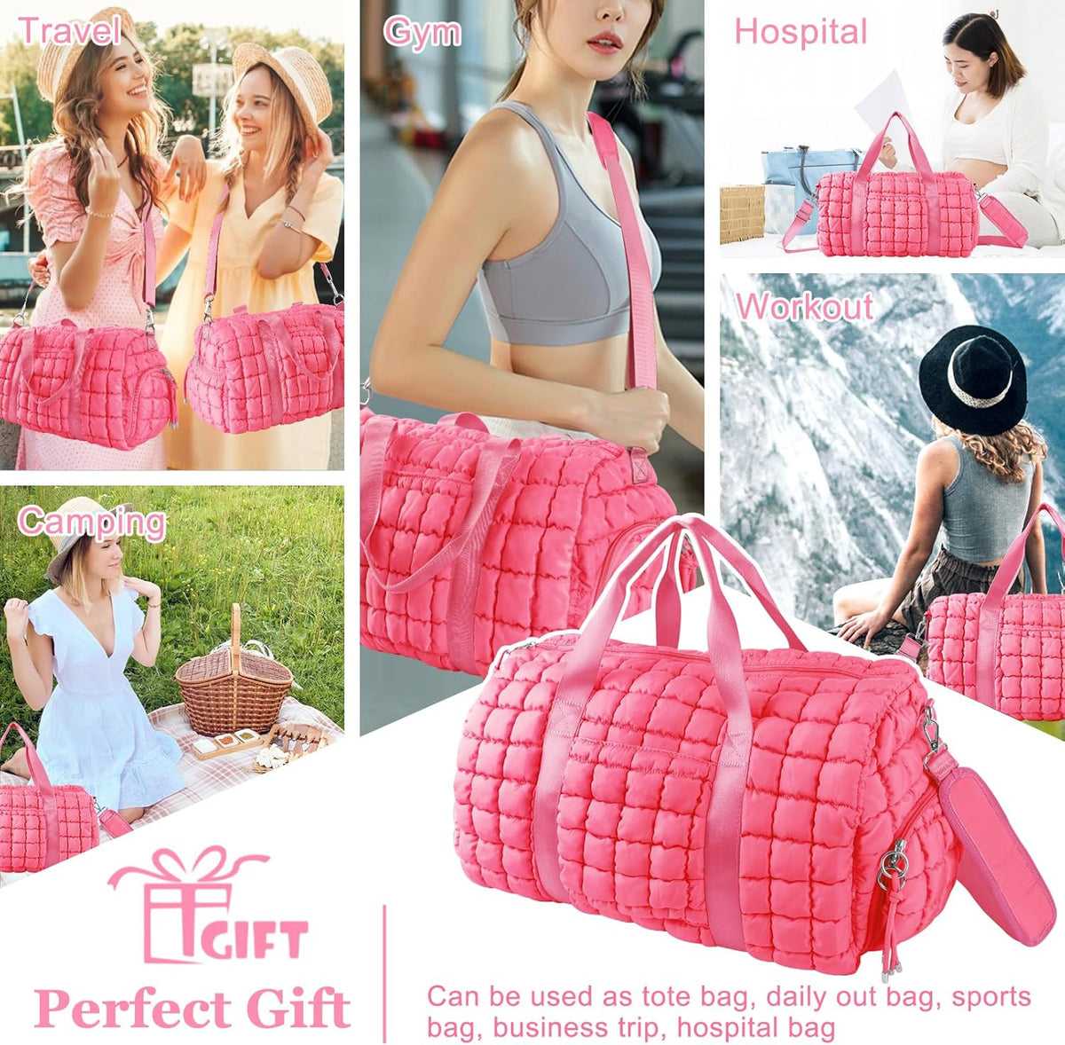 Quilted Travel Duffle Bag Gym Bag for Women,Large Puffer Duffle Weekender Bag with Compartment,Workout Overnight Carry on Organizer Bag Duffle Bag for Airplane Travel(Purple)