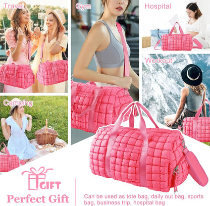 Quilted Travel Duffle Bag Gym Bag for Women,Large Puffer Duffle Weekender Bag with Compartment,Workout Overnight Carry on Organizer Bag Duffle Bag for Airplane Travel(Purple)