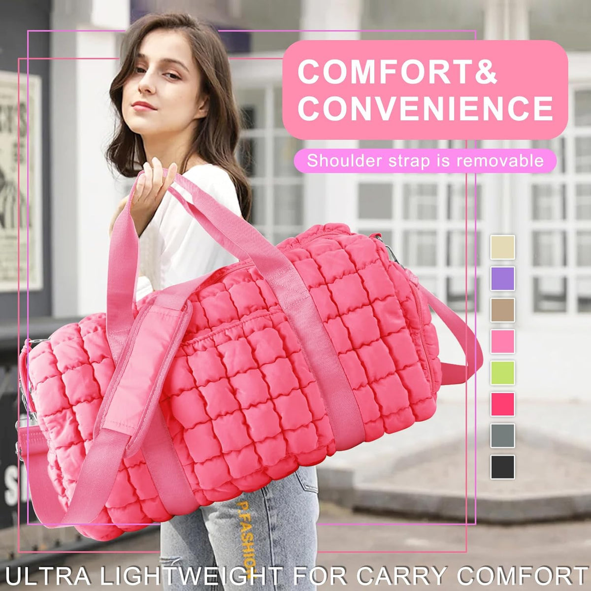Quilted Travel Duffle Bag Gym Bag for Women,Large Puffer Duffle Weekender Bag with Compartment,Workout Overnight Carry on Organizer Bag Duffle Bag for Airplane Travel(Purple)