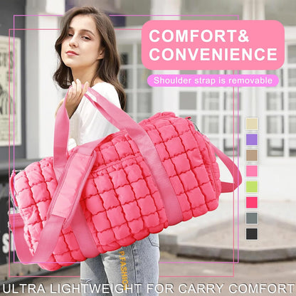 Quilted Travel Duffle Bag Gym Bag for Women,Large Puffer Duffle Weekender Bag with Compartment,Workout Overnight Carry on Organizer Bag Duffle Bag for Airplane Travel(Purple)