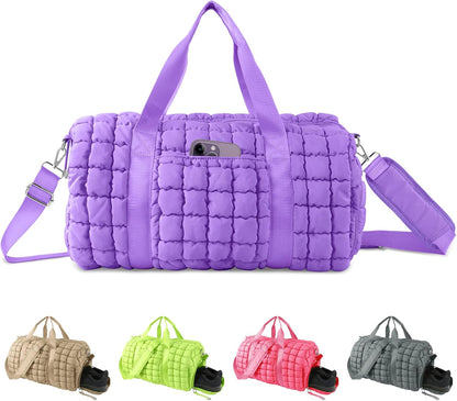 Quilted Travel Duffle Bag Gym Bag for Women,Large Puffer Duffle Weekender Bag with Compartment,Workout Overnight Carry on Organizer Bag Duffle Bag for Airplane Travel(Purple)