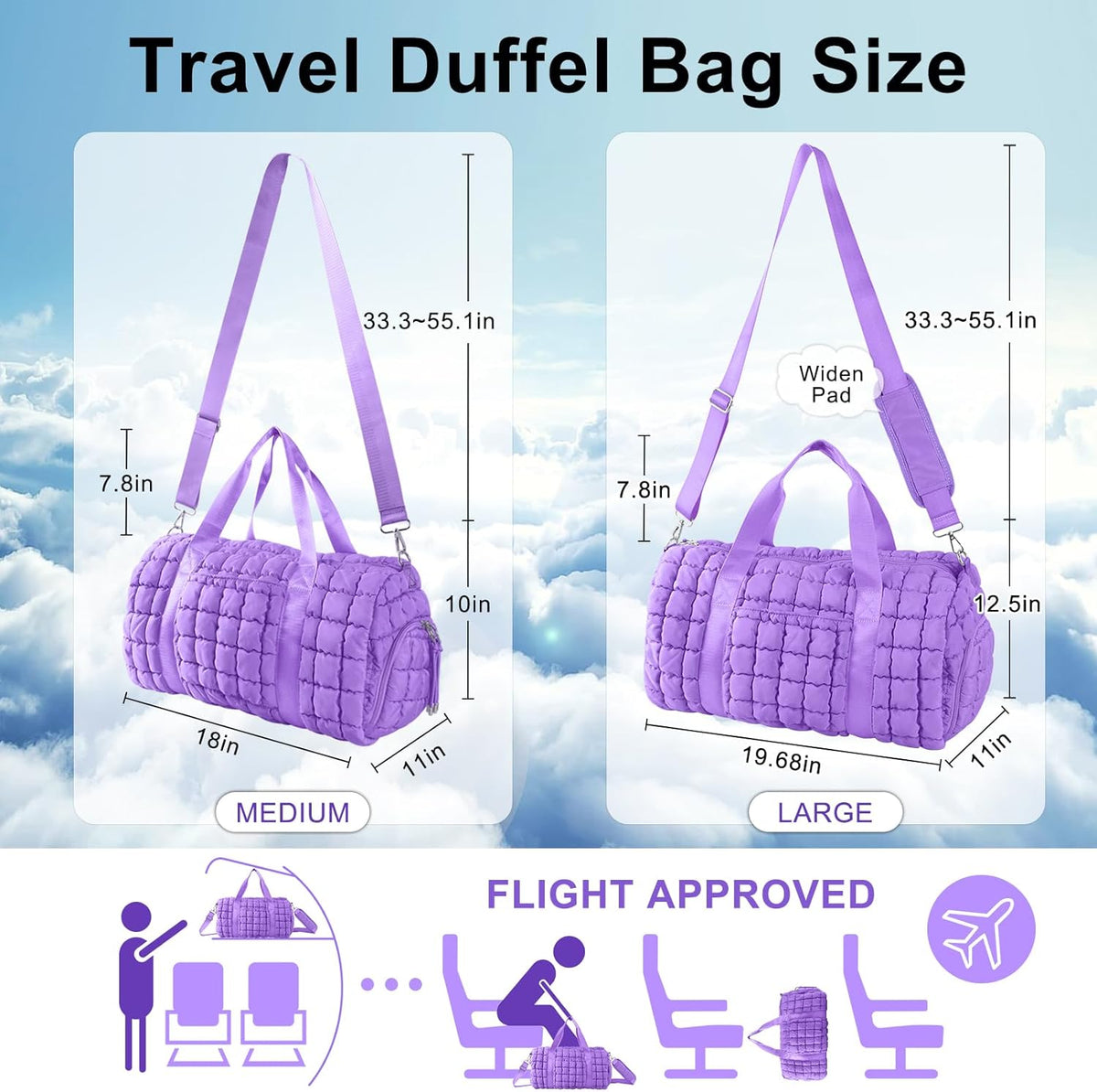 Quilted Travel Duffle Bag Gym Bag for Women,Large Puffer Duffle Weekender Bag with Compartment,Workout Overnight Carry on Organizer Bag Duffle Bag for Airplane Travel(Purple)