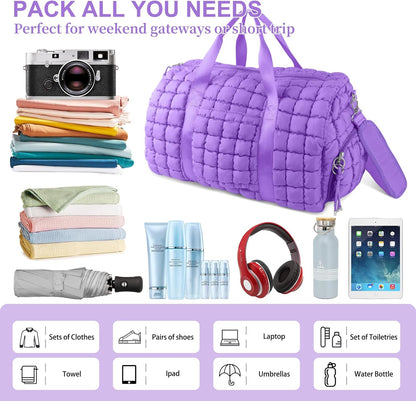 Quilted Travel Duffle Bag Gym Bag for Women,Large Puffer Duffle Weekender Bag with Compartment,Workout Overnight Carry on Organizer Bag Duffle Bag for Airplane Travel(Purple)