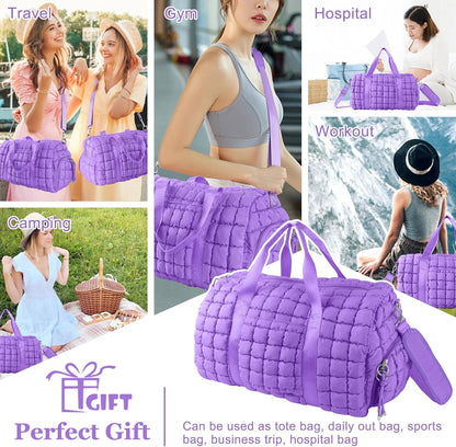 Quilted Travel Duffle Bag Gym Bag for Women,Large Puffer Duffle Weekender Bag with Compartment,Workout Overnight Carry on Organizer Bag Duffle Bag for Airplane Travel(Purple)