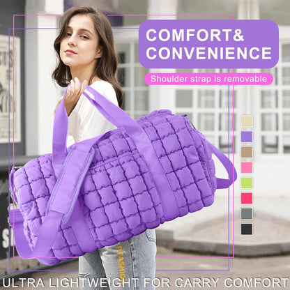 Quilted Travel Duffle Bag Gym Bag for Women,Large Puffer Duffle Weekender Bag with Compartment,Workout Overnight Carry on Organizer Bag Duffle Bag for Airplane Travel(Purple)