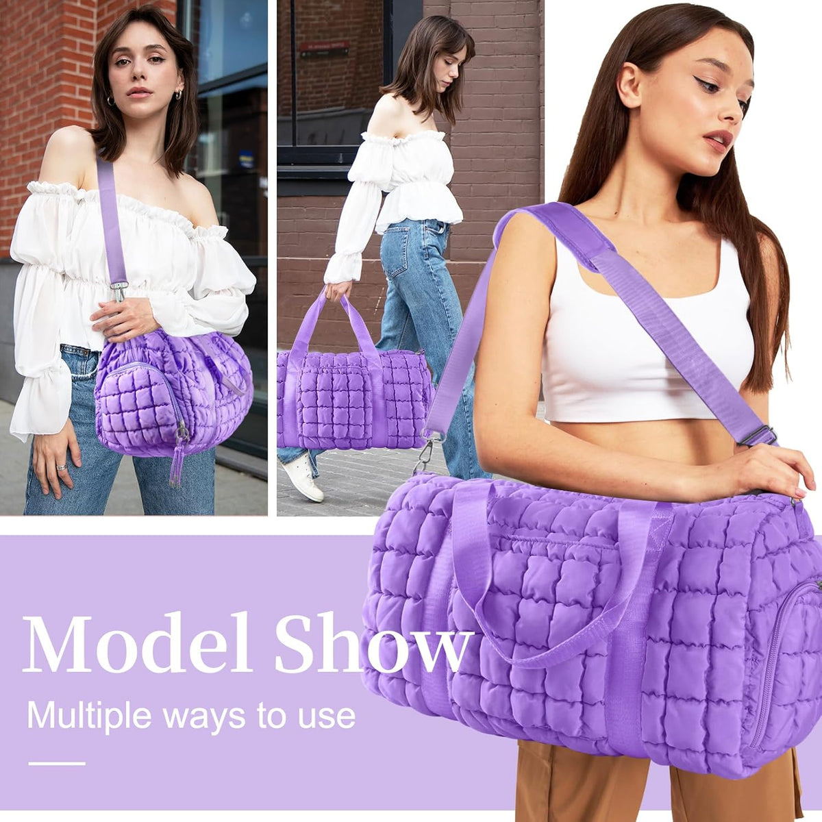 Quilted Travel Duffle Bag Gym Bag for Women,Large Puffer Duffle Weekender Bag with Compartment,Workout Overnight Carry on Organizer Bag Duffle Bag for Airplane Travel(Purple)