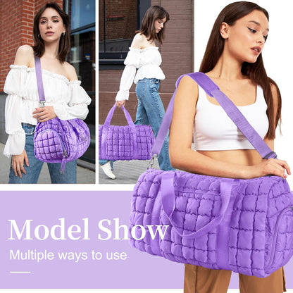 Quilted Travel Duffle Bag Gym Bag for Women,Large Puffer Duffle Weekender Bag with Compartment,Workout Overnight Carry on Organizer Bag Duffle Bag for Airplane Travel(Purple)