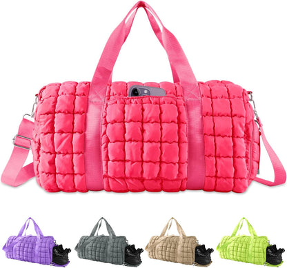 Quilted Travel Duffle Bag Gym Bag for Women,Large Puffer Duffle Weekender Bag with Compartment,Workout Overnight Carry on Organizer Bag Duffle Bag for Airplane Travel(Purple)