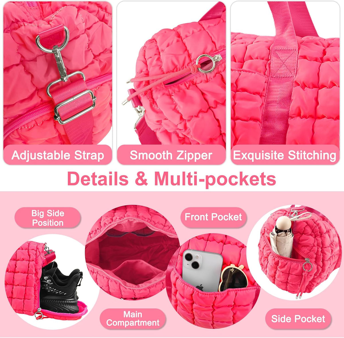 Quilted Travel Duffle Bag Gym Bag for Women,Large Puffer Duffle Weekender Bag with Compartment,Workout Overnight Carry on Organizer Bag Duffle Bag for Airplane Travel(Purple)