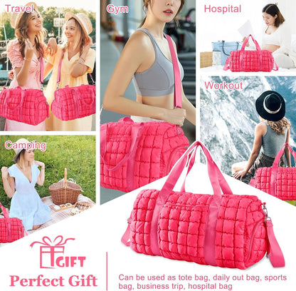Quilted Travel Duffle Bag Gym Bag for Women,Large Puffer Duffle Weekender Bag with Compartment,Workout Overnight Carry on Organizer Bag Duffle Bag for Airplane Travel(Purple)