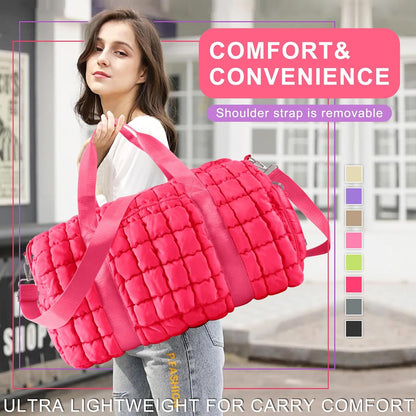 Quilted Travel Duffle Bag Gym Bag for Women,Large Puffer Duffle Weekender Bag with Compartment,Workout Overnight Carry on Organizer Bag Duffle Bag for Airplane Travel(Purple)