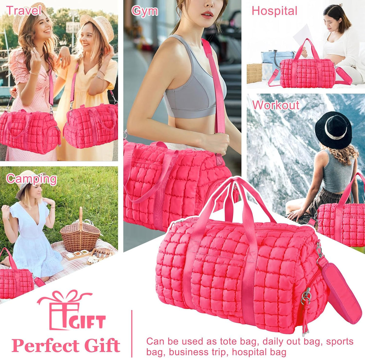 Quilted Travel Duffle Bag Gym Bag for Women,Large Puffer Duffle Weekender Bag with Compartment,Workout Overnight Carry on Organizer Bag Duffle Bag for Airplane Travel(Purple)