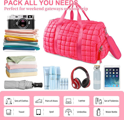 Quilted Travel Duffle Bag Gym Bag for Women,Large Puffer Duffle Weekender Bag with Compartment,Workout Overnight Carry on Organizer Bag Duffle Bag for Airplane Travel(Purple)