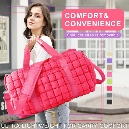 Quilted Travel Duffle Bag Gym Bag for Women,Large Puffer Duffle Weekender Bag with Compartment,Workout Overnight Carry on Organizer Bag Duffle Bag for Airplane Travel(Purple)