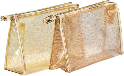 3pcs Tpu Jelly Makeup Pouch Set with Gold Wire Zippered Cosmetic Bags for Women Travel Toiletry Storage in White, Coffee, and Gold