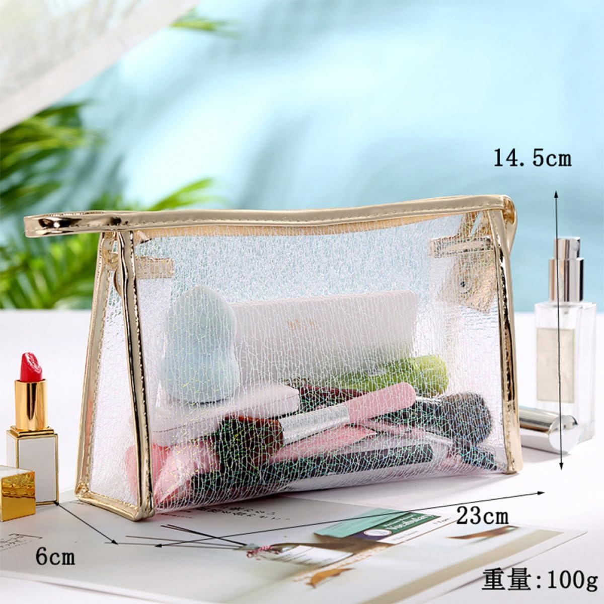 3pcs Tpu Jelly Makeup Pouch Set with Gold Wire Zippered Cosmetic Bags for Women Travel Toiletry Storage in White, Coffee, and Gold
