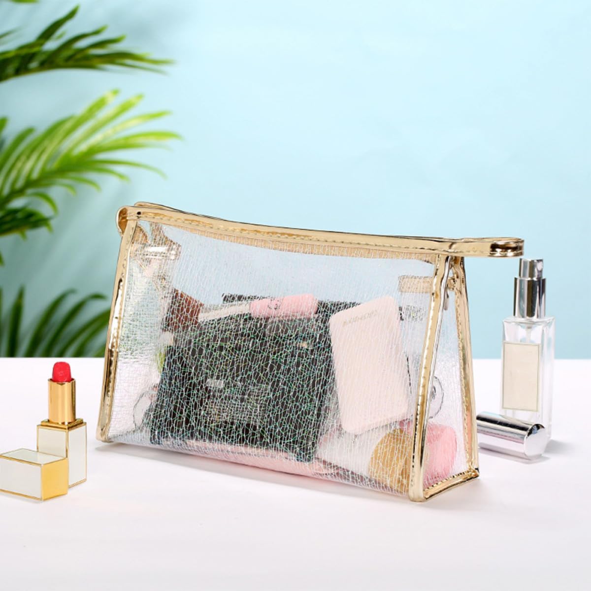 3pcs Tpu Jelly Makeup Pouch Set with Gold Wire Zippered Cosmetic Bags for Women Travel Toiletry Storage in White, Coffee, and Gold