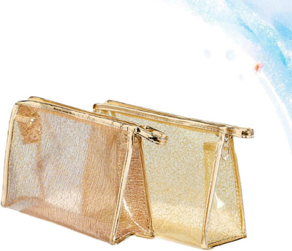 3pcs Tpu Jelly Makeup Pouch Set with Gold Wire Zippered Cosmetic Bags for Women Travel Toiletry Storage in White, Coffee, and Gold