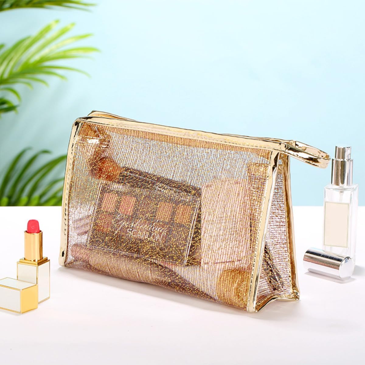 3pcs Tpu Jelly Makeup Pouch Set with Gold Wire Zippered Cosmetic Bags for Women Travel Toiletry Storage in White, Coffee, and Gold