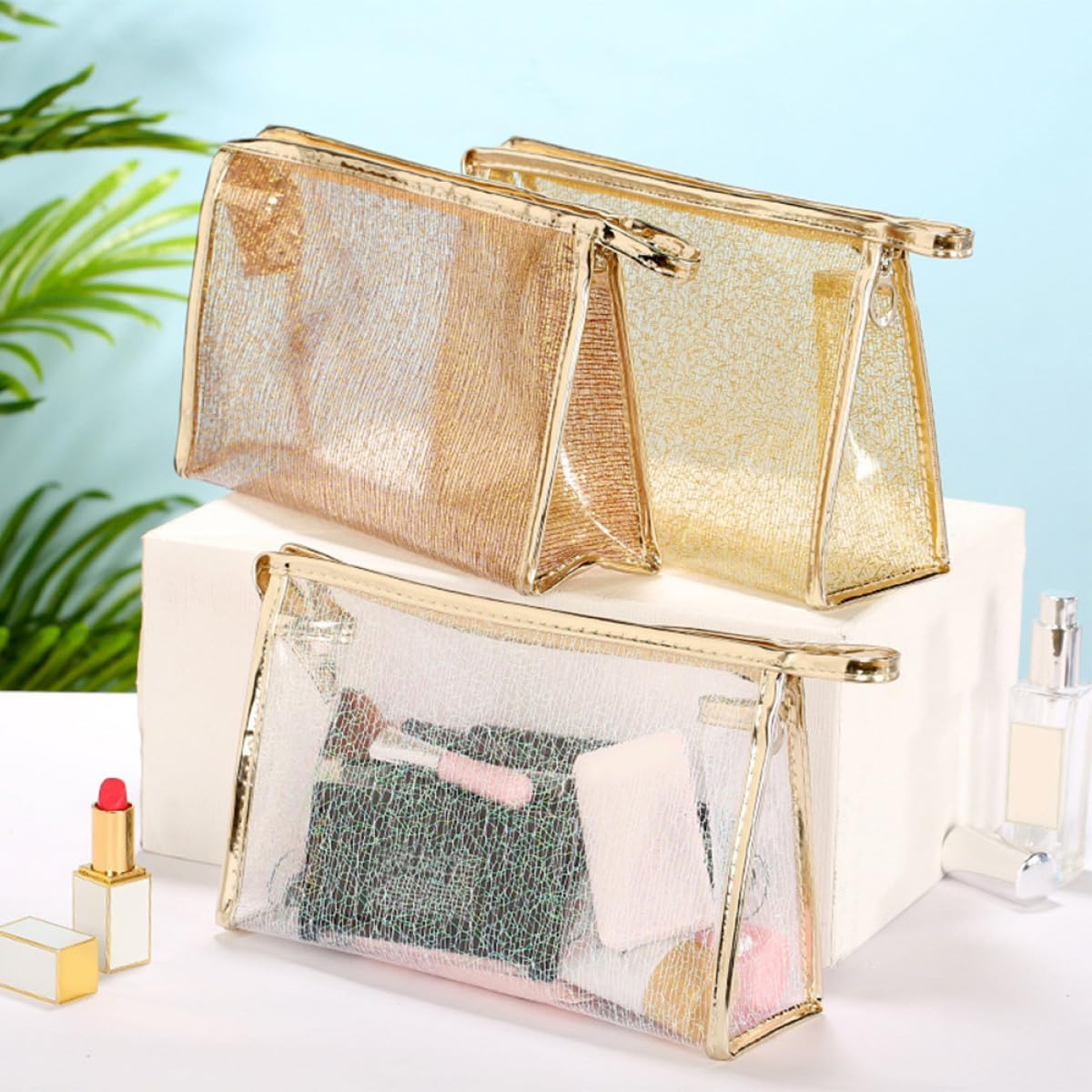 3pcs Tpu Jelly Makeup Pouch Set with Gold Wire Zippered Cosmetic Bags for Women Travel Toiletry Storage in White, Coffee, and Gold
