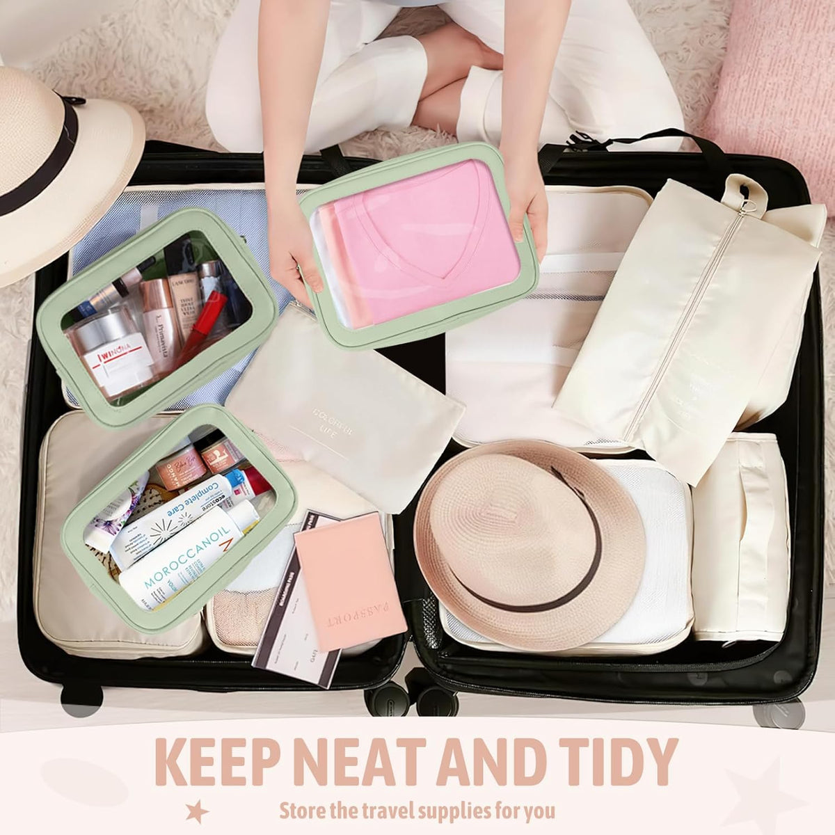Clear Toiletry Bag,TSA Approved Travel Makeup Pouch with Zipper for Cosmetics and Toiletries，Diaper Bag Organizer Pouch Set,Women's Purse Organizer and Clear Car Bag