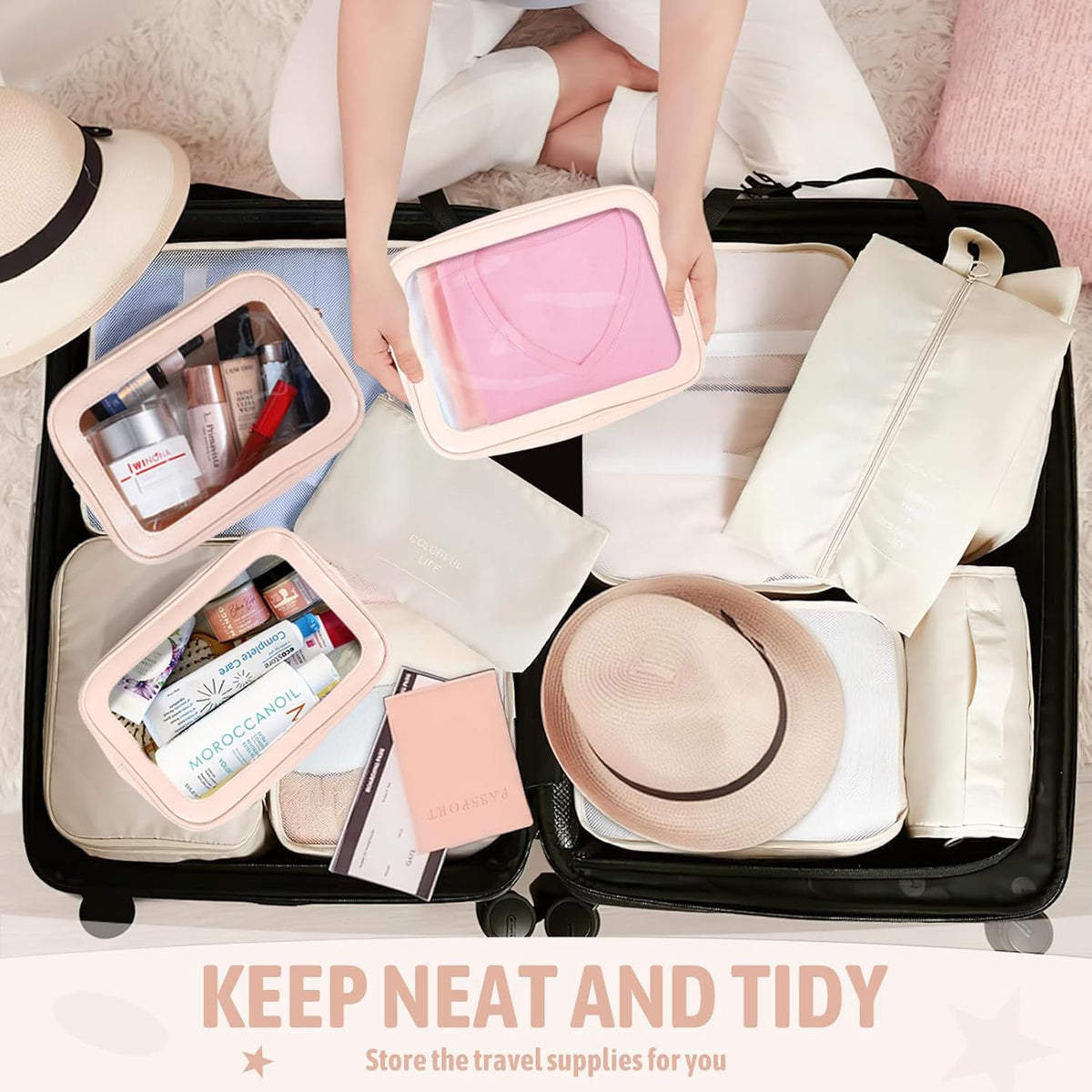 Clear Toiletry Bag,TSA Approved Travel Makeup Pouch with Zipper for Cosmetics and Toiletries，Diaper Bag Organizer Pouch Set,Women's Purse Organizer and Clear Car Bag