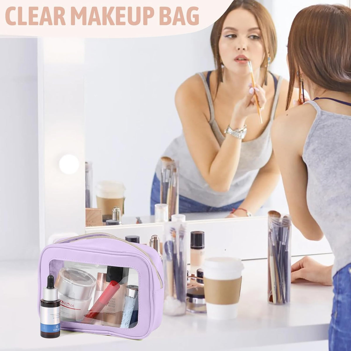 Clear Toiletry Bag,TSA Approved Travel Makeup Pouch with Zipper for Cosmetics and Toiletries，Diaper Bag Organizer Pouch Set,Women's Purse Organizer and Clear Car Bag