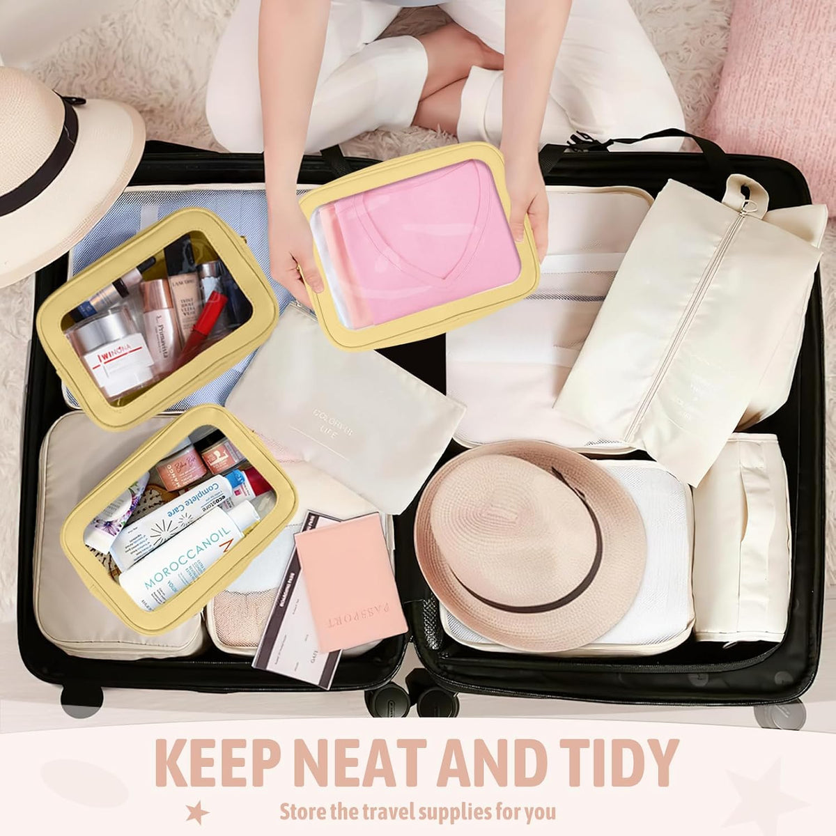 Clear Toiletry Bag,TSA Approved Travel Makeup Pouch with Zipper for Cosmetics and Toiletries，Diaper Bag Organizer Pouch Set,Women's Purse Organizer and Clear Car Bag