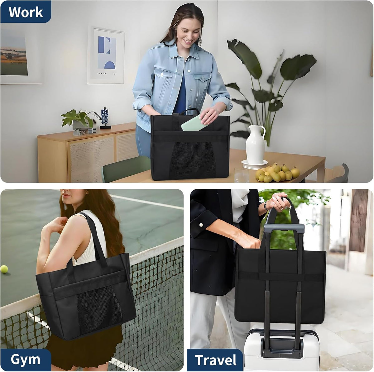 Tote Bag for Women,Work Tote Bags with Cup Holder & Laptop Compartment,Zipper Tote for Travel Gym