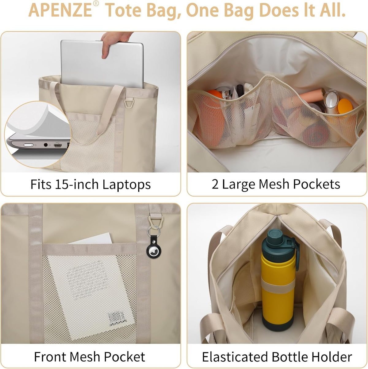 Tote Bag for Women,Work Tote Bags with Cup Holder & Laptop Compartment,Zipper Tote for Travel Gym