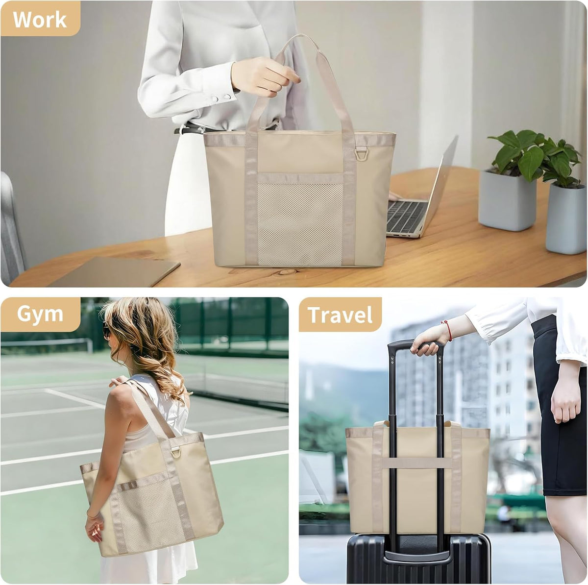 Tote Bag for Women,Work Tote Bags with Cup Holder & Laptop Compartment,Zipper Tote for Travel Gym