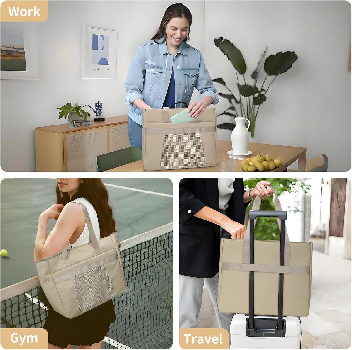 Tote Bag for Women,Work Tote Bags with Cup Holder & Laptop Compartment,Zipper Tote for Travel Gym