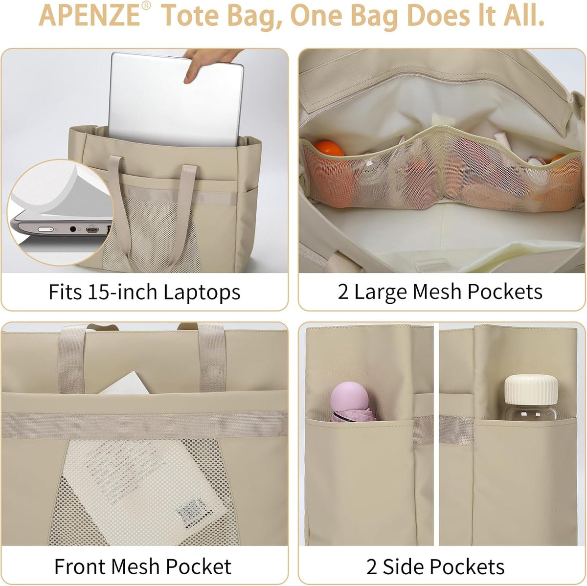 Tote Bag for Women,Work Tote Bags with Cup Holder & Laptop Compartment,Zipper Tote for Travel Gym