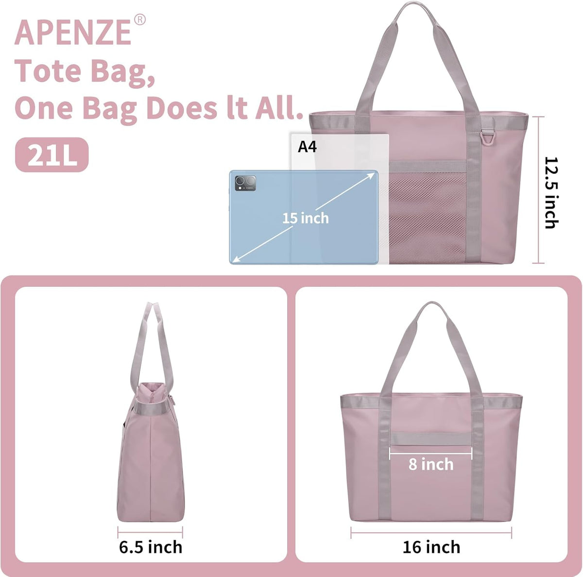 Tote Bag for Women,Work Tote Bags with Cup Holder & Laptop Compartment,Zipper Tote for Travel Gym