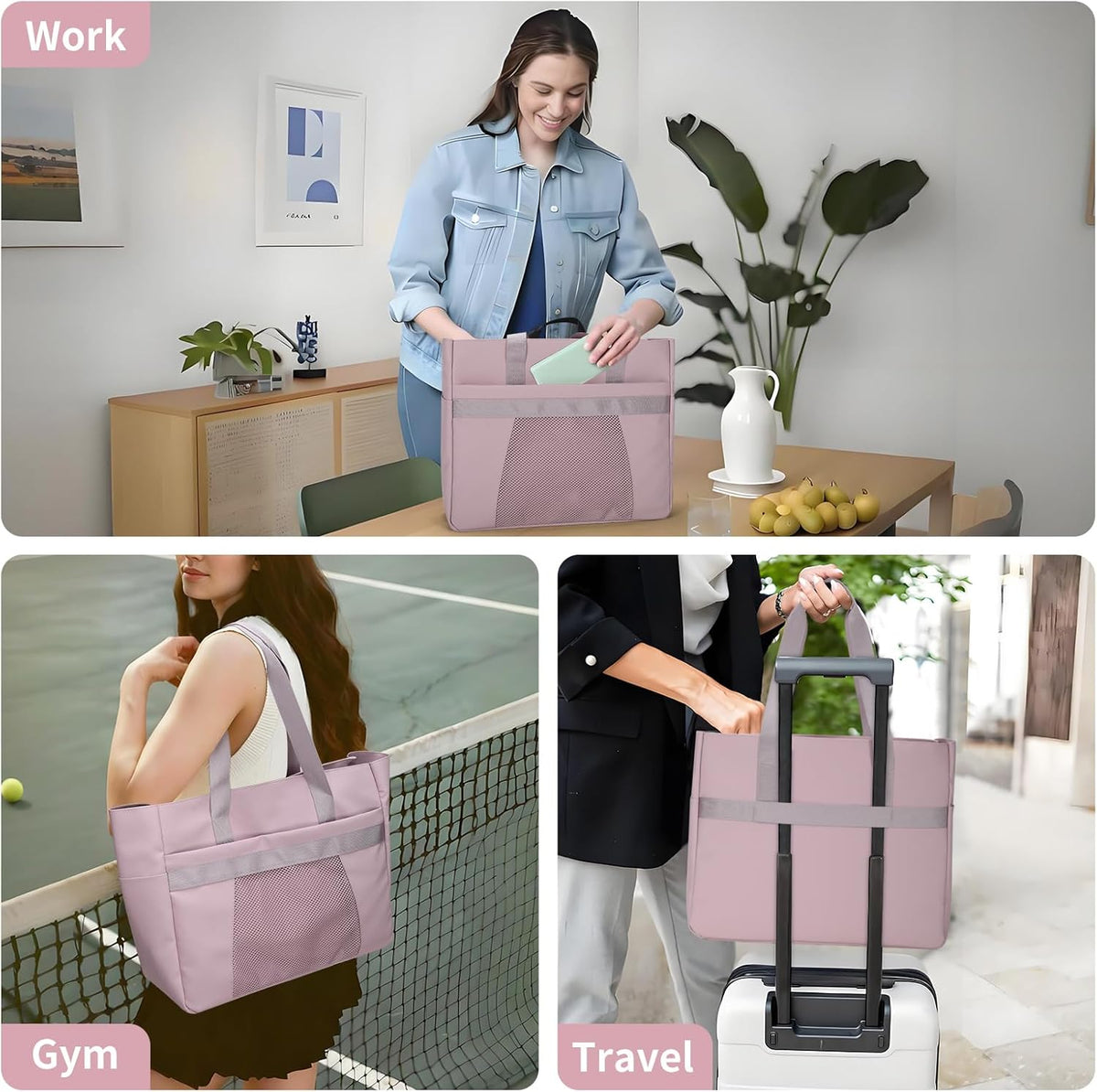 Tote Bag for Women,Work Tote Bags with Cup Holder & Laptop Compartment,Zipper Tote for Travel Gym
