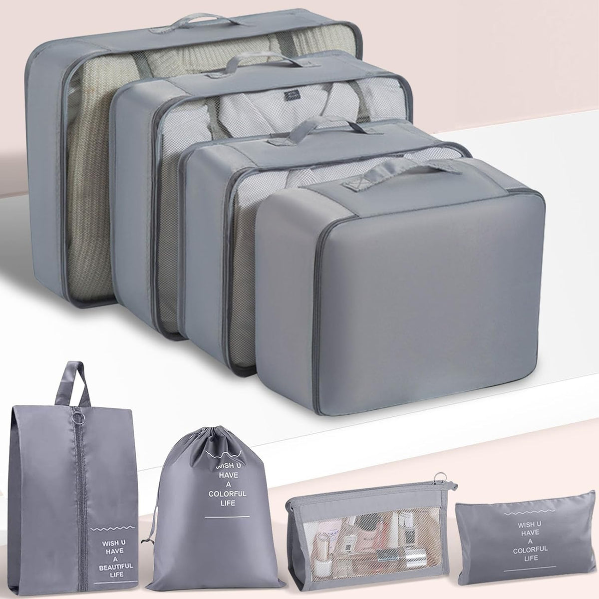 Packing Cubes 8 Set Travel Essentials for Carry on Luggage Organizers Bag Packing Cubes for Suitcases Travel Accessories (Beige)