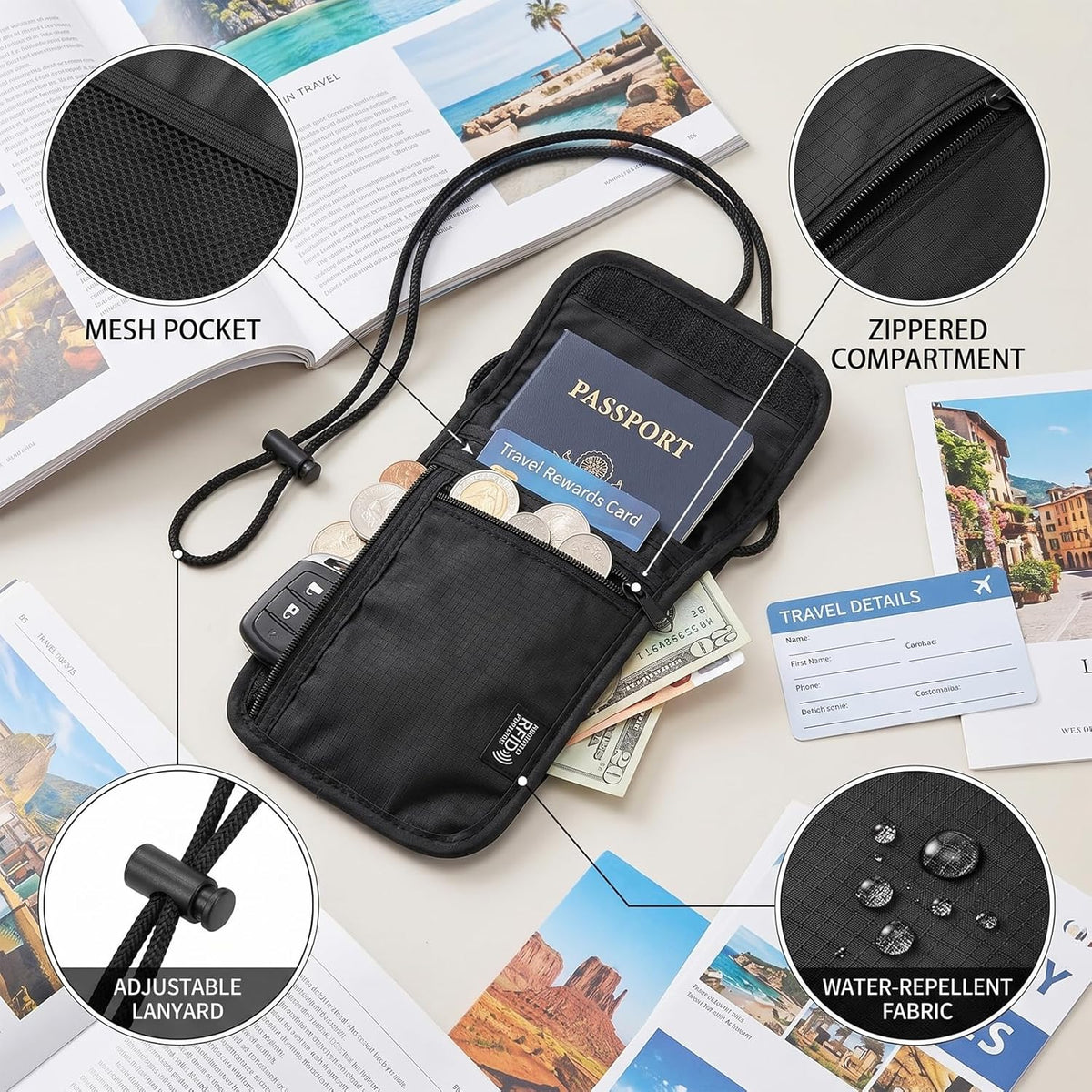 1 Pc Travel Neck Wallet, 5.5" L X 7.9" Black Rfid Blocking Passport Holder, Resistant Neck Pouch Travels Passport Wallet For Travel Women Men