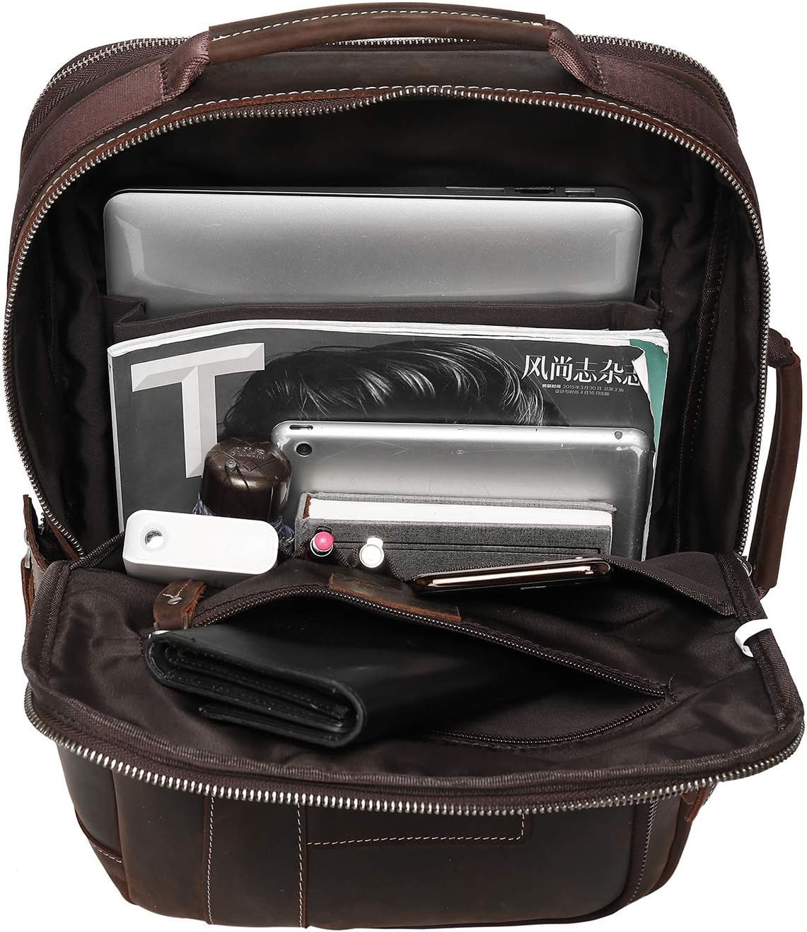 Men's Full Grain Leather Expandable 15.6 Laptop Backpack Tote Shoulder Travel Bag Rucksack