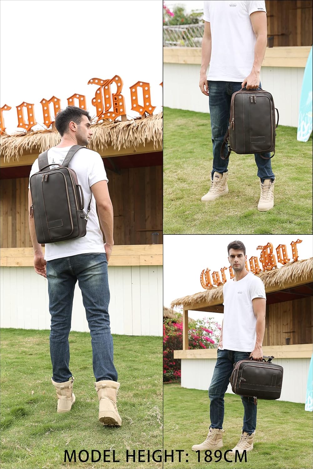 Men's Full Grain Leather Expandable 15.6 Laptop Backpack Tote Shoulder Travel Bag Rucksack