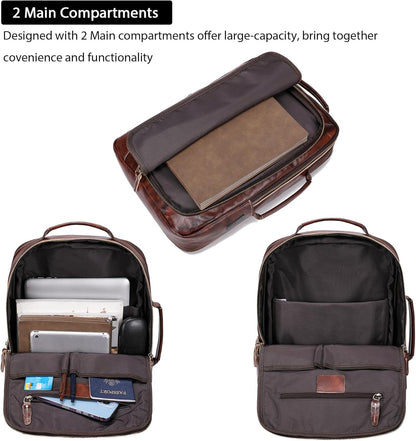 Men's Full Grain Leather Expandable 15.6 Laptop Backpack Tote Shoulder Travel Bag Rucksack