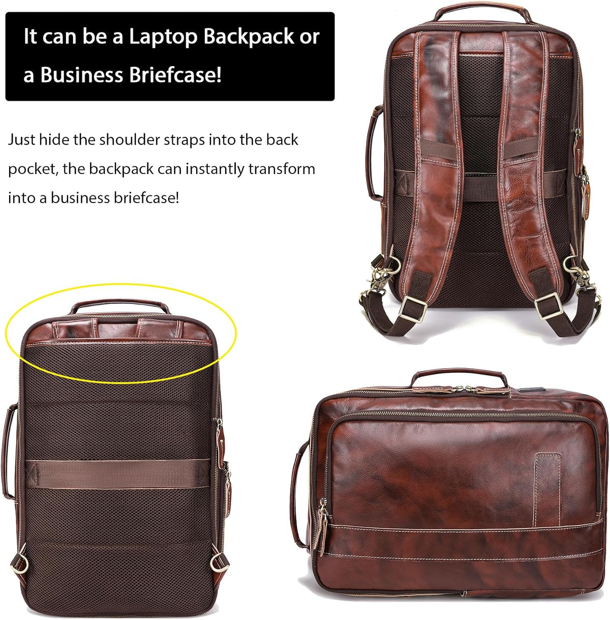 Men's Full Grain Leather Expandable 15.6 Laptop Backpack Tote Shoulder Travel Bag Rucksack