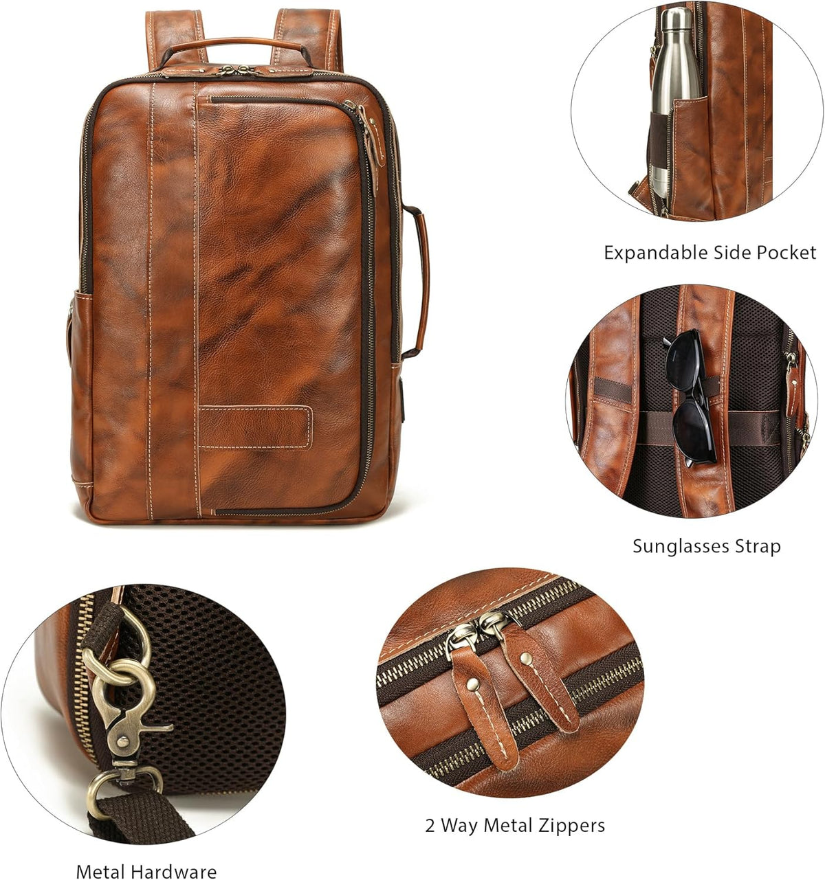 Men's Full Grain Leather Expandable 15.6 Laptop Backpack Tote Shoulder Travel Bag Rucksack