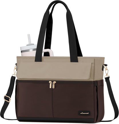Laptop Tote Bag for Women – 15.6" Roomy Work Bag with Large Inside Cup Pocket, Multiple Pockets for Teacher Nurse, Large Capacity Carry on Travel, Computer Purse Handbag for Office College