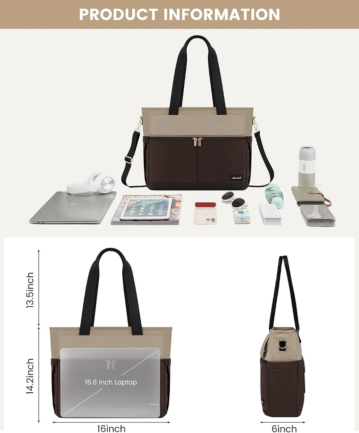 Laptop Tote Bag for Women – 15.6" Roomy Work Bag with Large Inside Cup Pocket, Multiple Pockets for Teacher Nurse, Large Capacity Carry on Travel, Computer Purse Handbag for Office College