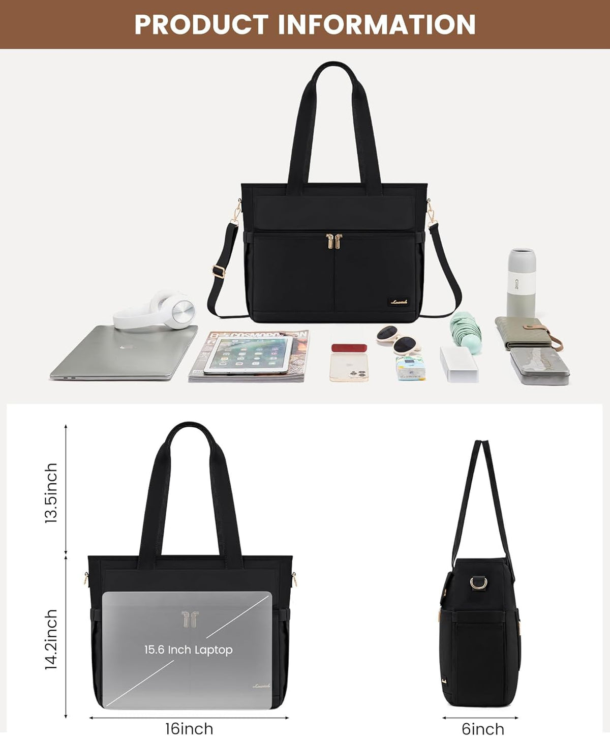 Laptop Tote Bag for Women – 15.6" Roomy Work Bag with Large Inside Cup Pocket, Multiple Pockets for Teacher Nurse, Large Capacity Carry on Travel, Computer Purse Handbag for Office College