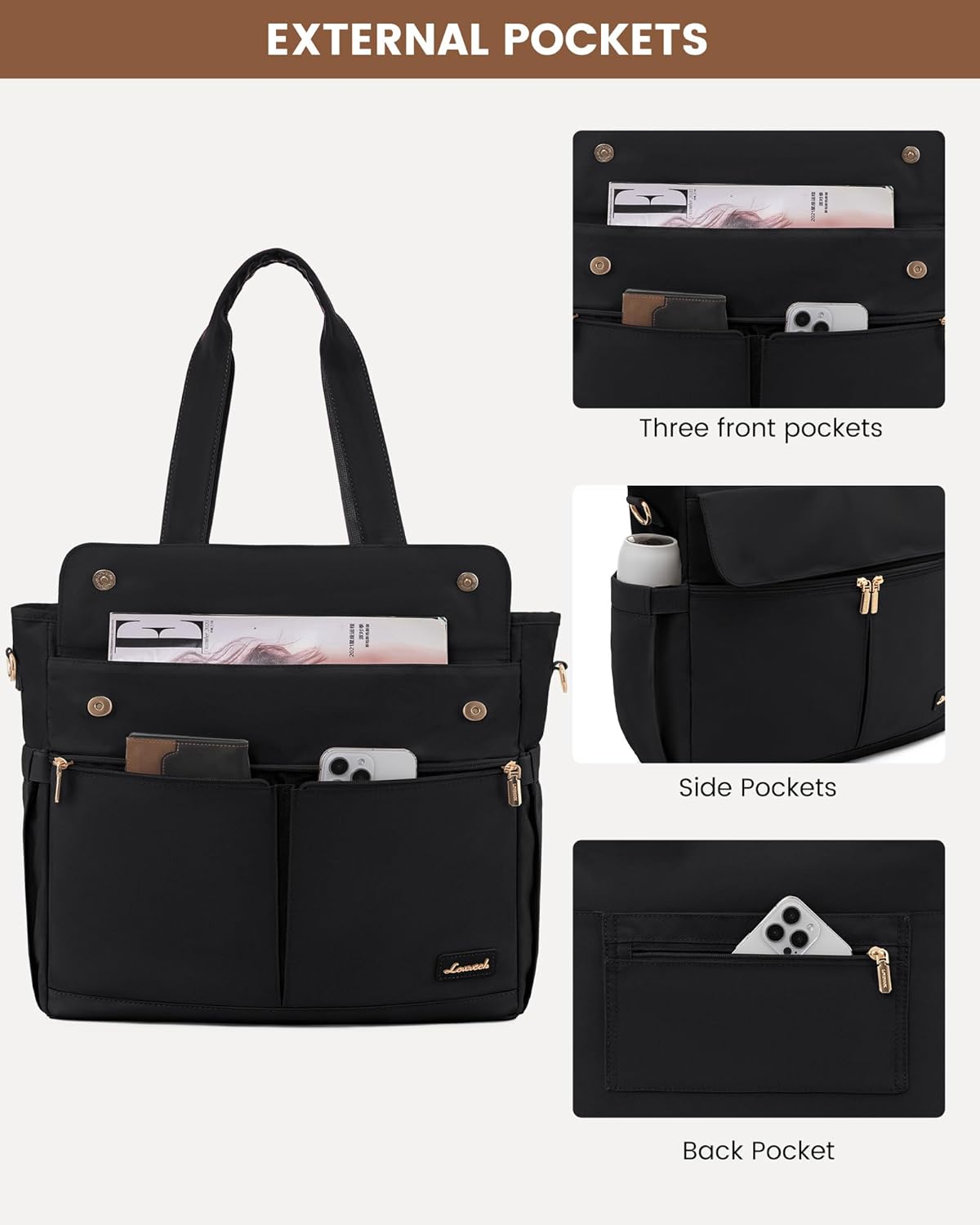 Laptop Tote Bag for Women – 15.6" Roomy Work Bag with Large Inside Cup Pocket, Multiple Pockets for Teacher Nurse, Large Capacity Carry on Travel, Computer Purse Handbag for Office College