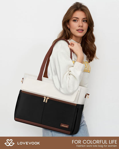 Laptop Tote Bag for Women – 15.6" Roomy Work Bag with Large Inside Cup Pocket, Multiple Pockets for Teacher Nurse, Large Capacity Carry on Travel, Computer Purse Handbag for Office College